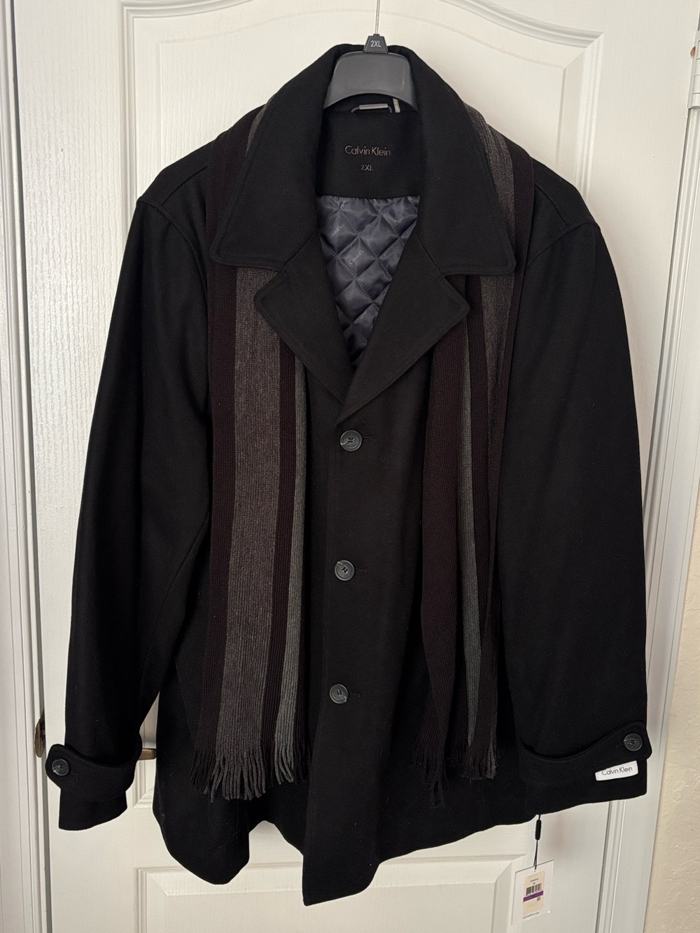 Calvin Klein Black Men's Wool Pea Coat with Attached Scarf